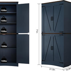 71in Farmhouse Kitchen Pantry Cabinet,Tall Storage Cabinet with 4 Doors and Adjustable shelves,with Load-Bearing Steel Pipe,Wood Storage Cabinets for Kitchen,Dining Room,Bathroom(Rustic Blue)