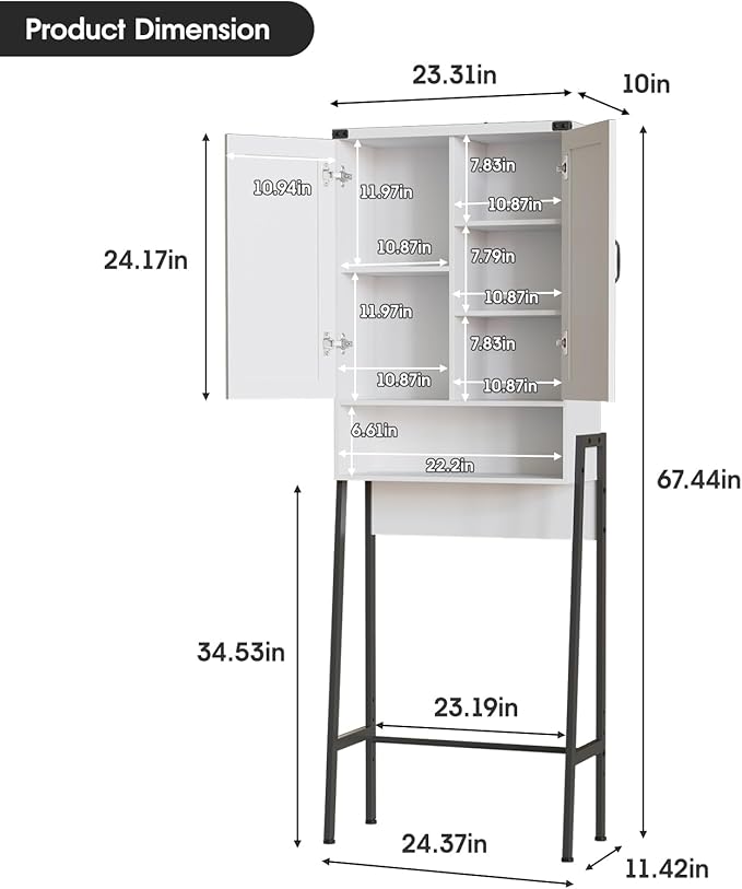 Over The Toilet Storage Cabinet with 2-Door Design Bathroom Organizers and Storage with Anti-Tip Device Over Toilet Organizer with Shelves for Bathroom,Restroom,Laundry White