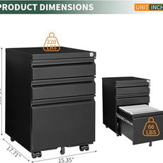 3 Drawer File Cabinet with Lock,Under Desk Rolling Small Filing Cabinet for Home Office Storage,Mobile Steel Cabinets with Wheels,Fully Assembled,Black