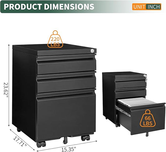3 Drawer File Cabinet with Lock,Under Desk Rolling Small Filing Cabinet for Home Office Storage,Mobile Steel Cabinets with Wheels,Black,Requires Assembly