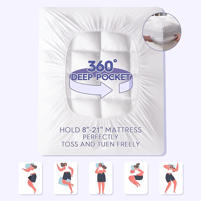 ABENE RV Short Queen Mattress Topper for Back Pain Relief, Extra Thick Mattress Pad Pillowtop, Soft Plush Mattress Cover Bed Topper with Deep Pocket, Overfilled Down Alternative Filling, White