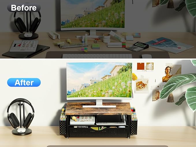 Spacrea Desk Organizer and Accessories, Computer Monitor Stand Riser with Drawer and 2 Pen Holders, Office Desk Accessories & Workspace Organizers for Office Supplies (Wood)