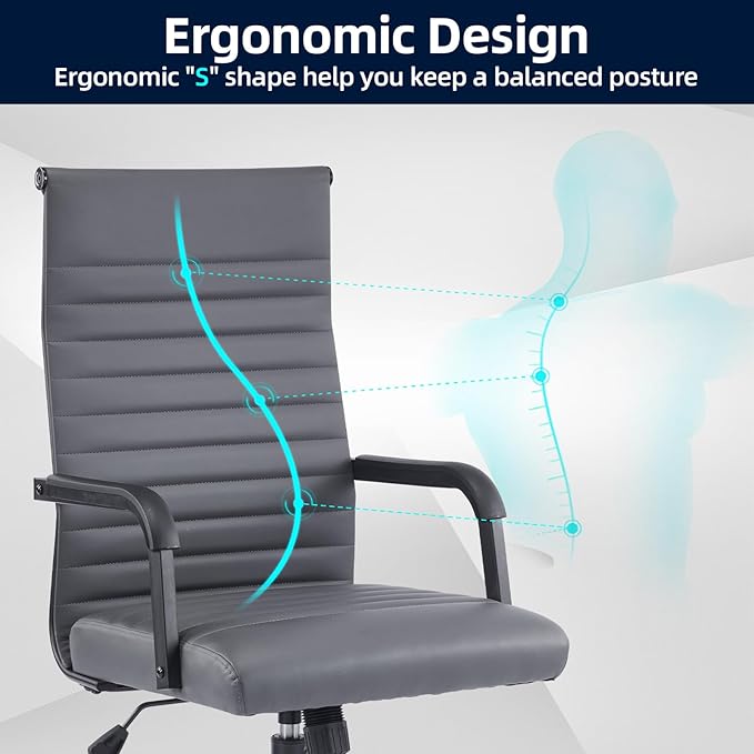 Office Chair, Ergonomic Executive Conference Room Chairs, Ribbed Leather Desk Chair with Lumbar Support, Adjustable Height Mid-Back Swivel Chair with Padded Seat and Square Tube Armrests