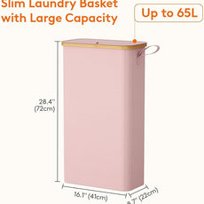 Lifewit 65L Slim Laundry Hamper with Lid, Narrow Laundry Basket with Removable Bag & Bamboo Handles, Fodable Thin Dirty Clothes Hamper for Laundry Collapsible Bin for Bathroom Bedroom Dorm, Pink