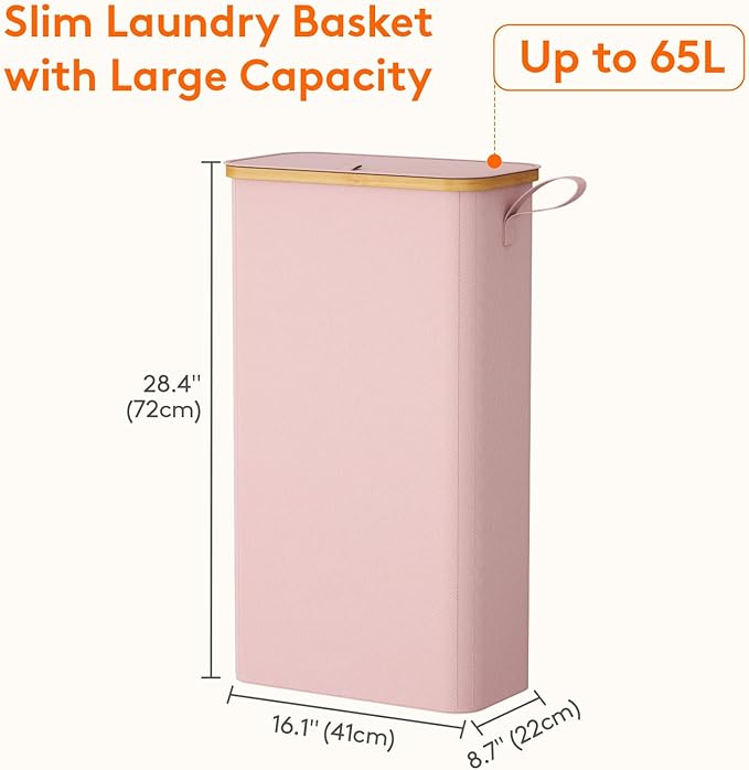 Lifewit 65L Slim Laundry Hamper with Lid, Narrow Laundry Basket with Removable Bag & Bamboo Handles, Fodable Thin Dirty Clothes Hamper for Laundry Collapsible Bin for Bathroom Bedroom Dorm, Pink