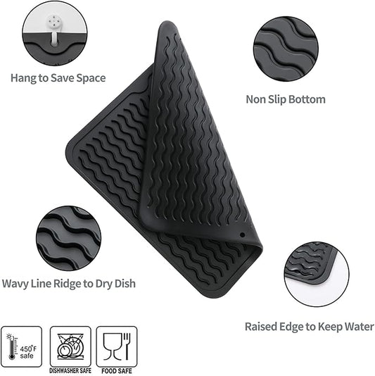 Silicone Dish Drying Mat for Multiple Usage,Easy clean,Eco-friendly,Heat-resistant Silicone Mat for Kitchen Counter or Sink,Refrigerator or Drawer liner Black M 12 inches x 12 inches