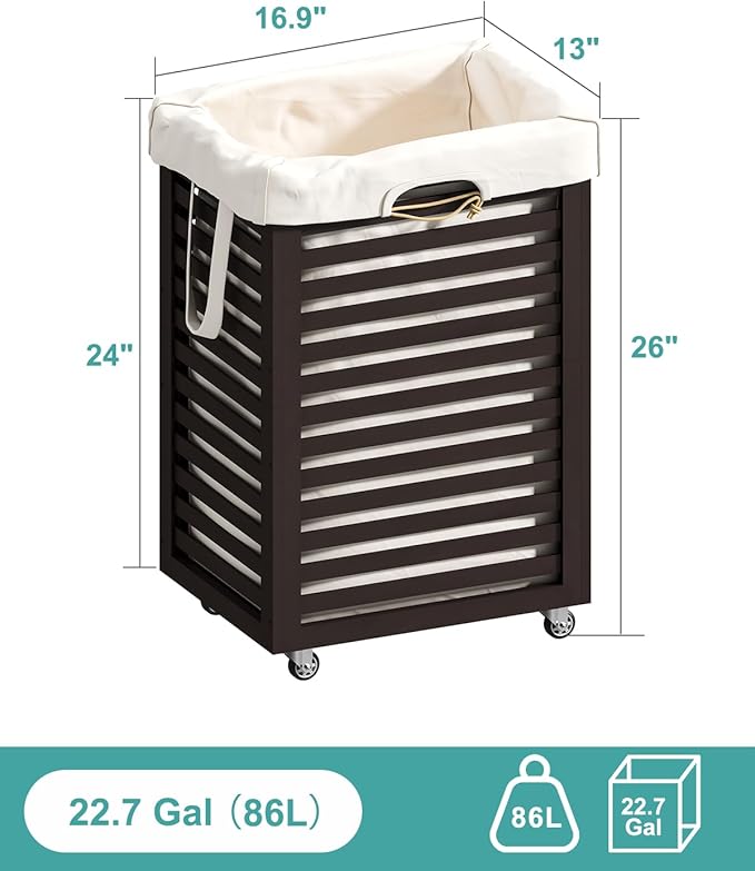 Laundry Hamper with Wheels, 22.7 Gallon (86L) Bamboo Wood Clothes Laundry Basket with Handles, Removable Liner