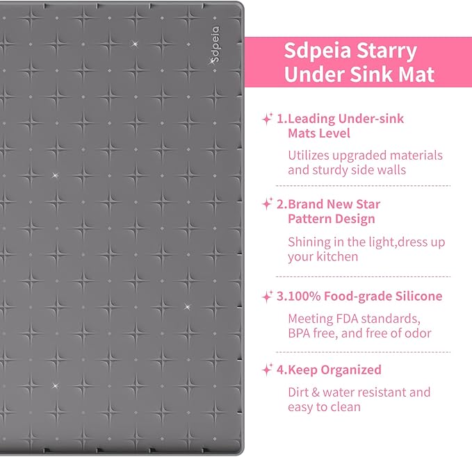 Sdpeia Under Sink Mat 28"×19" Waterproof Silicone Cabinet Liner & Sink Protector for Kitchen & Bathroom, Multi-Purpose Organizers Tray for Pets, Laundry, Cat Litter Mat,Gray