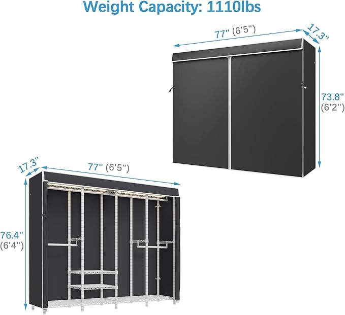 VIPEK V40LC Covered Clothes Rack with Dimmable LED Lights, Heavy Duty Garment Rack with Cover Portable Closet Wardrobe Clothing Racks for Hanging Clothes, White Closet Racks with Black Oxford Cover