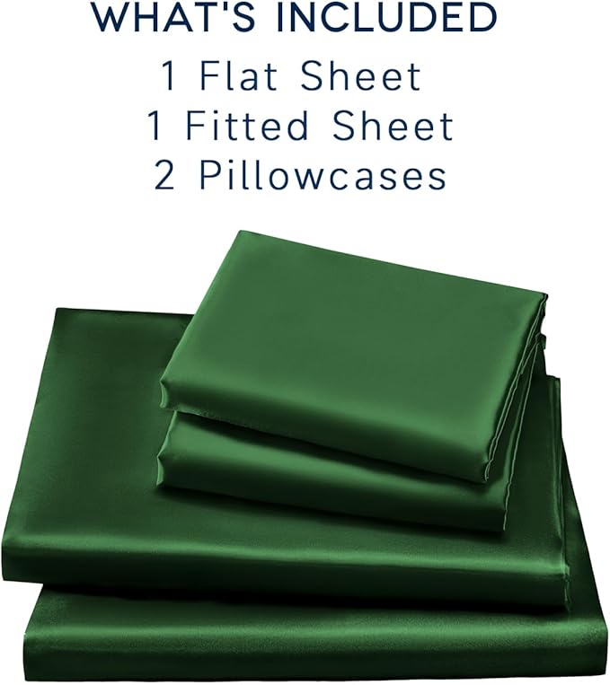 Satin Sheets Full Size - 4 Pieces Luxury Silky Soft Bed Sheets, Wrinkle-Free Dark Green Satin Silk Sheet Set with 1 Deep Pocket Fitted Sheet, 1 Flat Sheet, 2 Pillow Cases