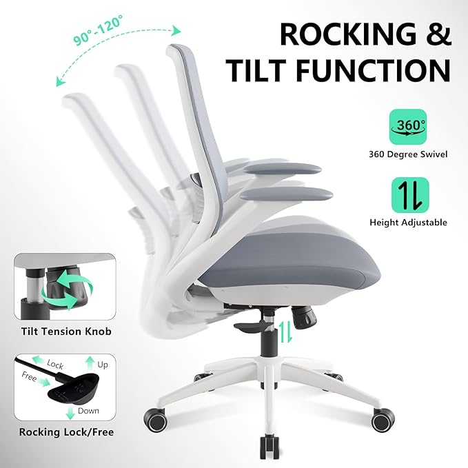 Ergonomic Office Chair, High Back Mesh Desk Chair with Lumbar Support, 360° Swivel & Slide-Adjustable Arms, Tilt Lock and Recline, Breathable Task Chair for Home Office & Gaming (Grey)