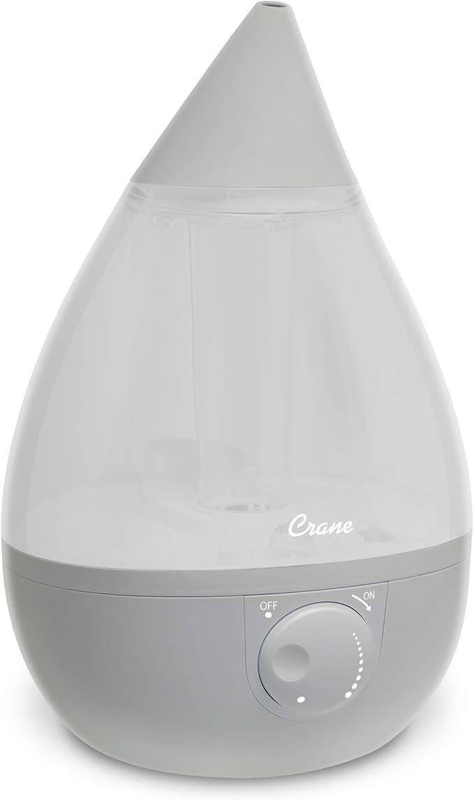 Crane Ultrasonic Teardrop Cool Mist Humidifier, Large 1 Gal Tank, Automatic Shut-Off, Baby Humidifiers for Nursery and Bedroom, Grey