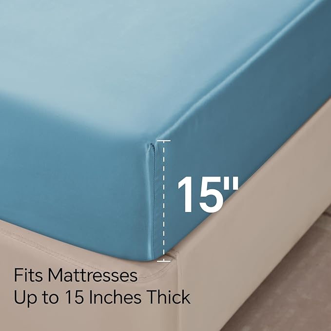 BEDELITE California King Sheets Set, Luxury Soft Airy Blue Satin Sheets for Hair and Skin, Similar to Silk Bed Sheets Set 4 Pieces with 1 Deep Pocket Fitted Sheet, 1 Flat Sheet, and 2 Pillowcases