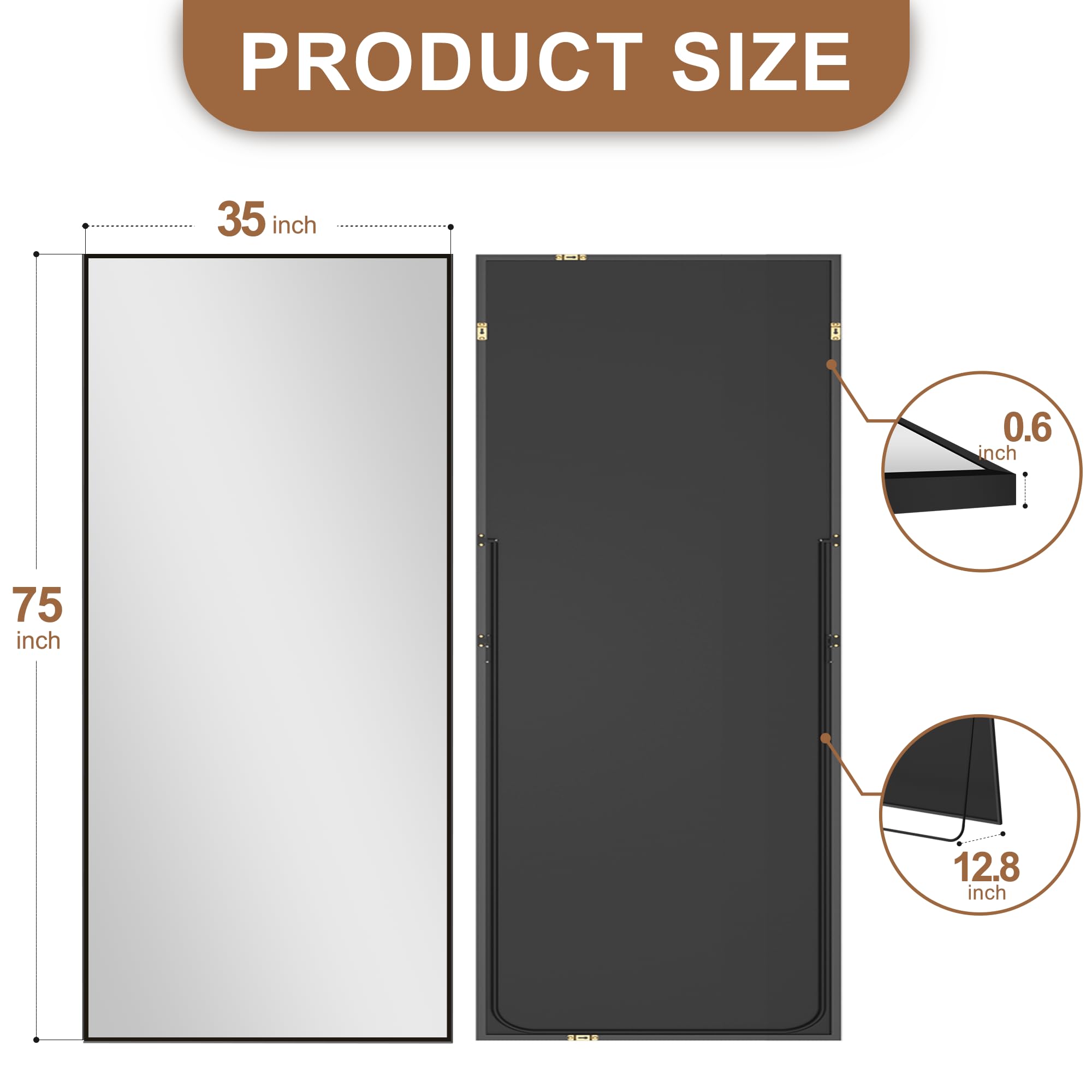 Delma Wall Full Length Mirror,Standing Mirror Full Body,Large Floor for Wall Door Bedroom Bathroom Living Room with Aluminium Frame(with Stand,56x15-Black) Dormly