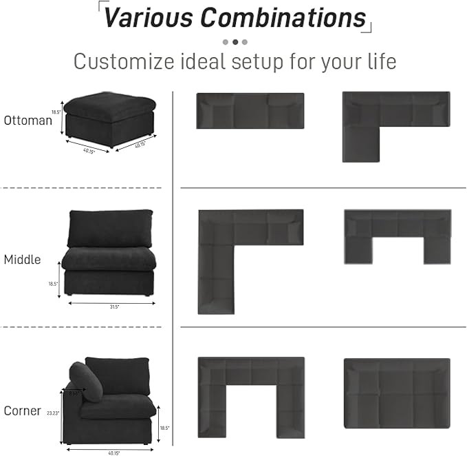Cloud Couch Modular Sectional Sofa with Storage Ottoman,160.6" Down Filled 6 Seater Couch,V Shaped Oversized Convertible Sectional Sofa for Living Room,Covers Removable & Washable, Black
