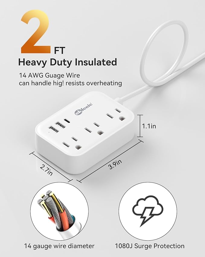 Short Extension Cord 2 Foot - Small Surge Protector Appliance Power Strip, 14 Gauge Heavy Duty Extension Cord with 3 Outlets 3 USB, High Wattage for Microwave, Workbench, Kitchen, Garage Must Have