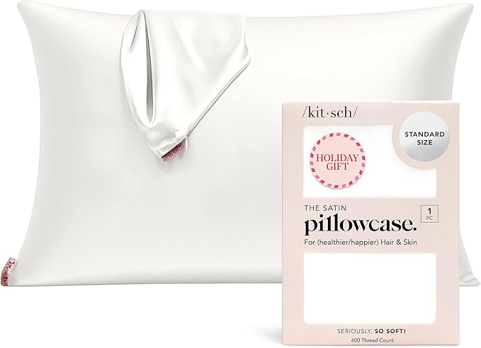 Kitsch Satin Pillowcase with Zipper for Hair & Skin, Softer Than Silk Pillow Cases Standard Size, Wrinkle-Free, Smooth and Cooling Satin Pillow Covers, 19"x26" - Ivory