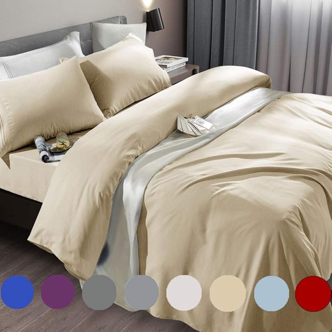 SONORO KATE Bed Sheet Set Super Soft Microfiber 1800 Thread Count Luxury Egyptian Sheets Fit 18-24 Inch Deep Pocket Mattress Wrinkle-4 Piece (Beige, Twin XL)