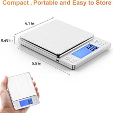 BOMATA Upgraded Small Food Scale, 0.1 g/0.001 oz High Precision, 3000 g/6.6 lb, with New Hold Function and Larger Display, USB Rechargeable, Digital Kitchen Scale for Small Item, Jewelry. Sliver
