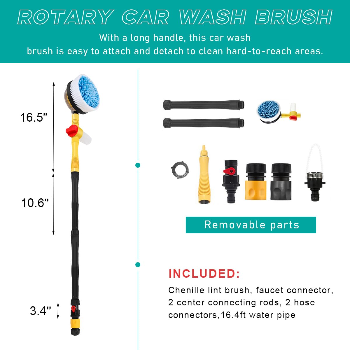 Rotating Car Wash Brush, 360° Spin Auto Cleaning Brush with Long Handle, Detachable Washing Brush with Soft Chenille Bristles Universal for Most Vehicles, Car Accessories (Brush)