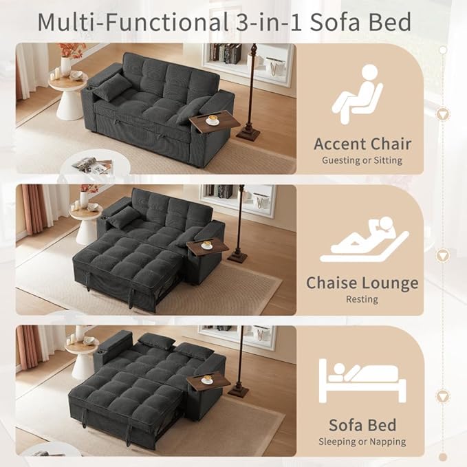 66" 3-in-1 Folding Convertible Sofa Bed, Queen Size Pullout Sofa, Modern Chenille Fabric, 360° Swivel Side Table, Easy Assembly, Perfect for Living Room (ZY-1107S-Black)