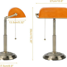 LINNMON Bankers Desk Lamp, Amber Retro Lamp, Vintage Lamp with Pull Chain Switch for Home Office (Brass+Amber)