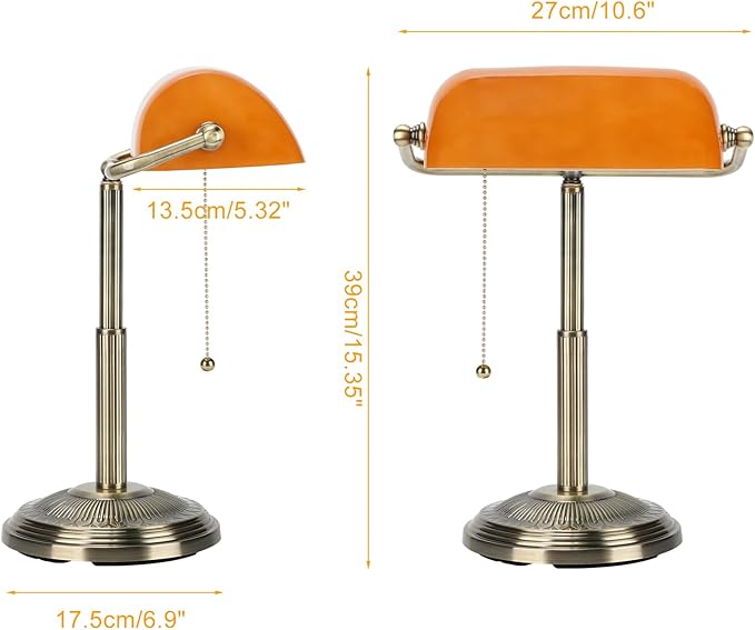 LINNMON Bankers Desk Lamp, Amber Retro Lamp, Vintage Lamp with Pull Chain Switch for Home Office (Brass+Amber)