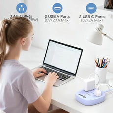 10Ft Flat Plug Power Strip, Purple Flat Extension Cord - 3 Outlets 4 USB Ports (2 USB C) Desktop Charging Station, Cruise Ship Power Strip with No Surge Protection for Travel, Dorm Room Essentials