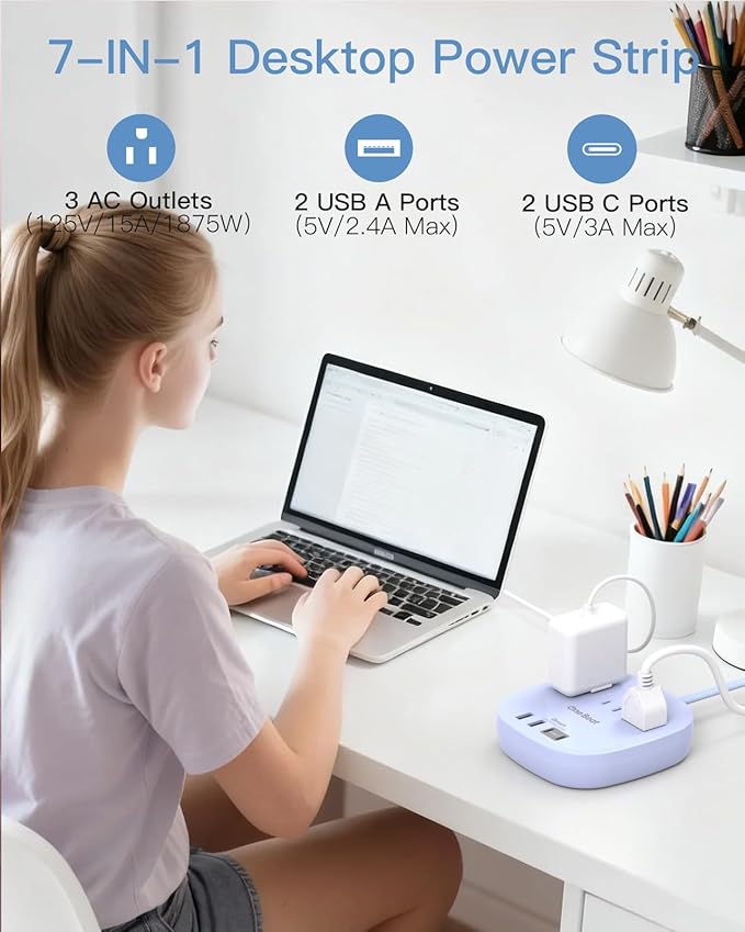10Ft Flat Plug Power Strip, Purple Flat Extension Cord - 3 Outlets 4 USB Ports (2 USB C) Desktop Charging Station, Cruise Ship Power Strip with No Surge Protection for Travel, Dorm Room Essentials
