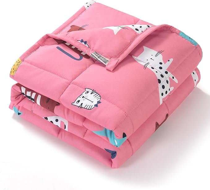 Kivik Cooling Weighted Blanket 7 Pounds, Breathable Weighted Blankets, Ultra Soft Heavy Throw for Relaxing & Sleeping, Machine Washable, 41 x 60 Inches, Cute Cat Printing, Pink