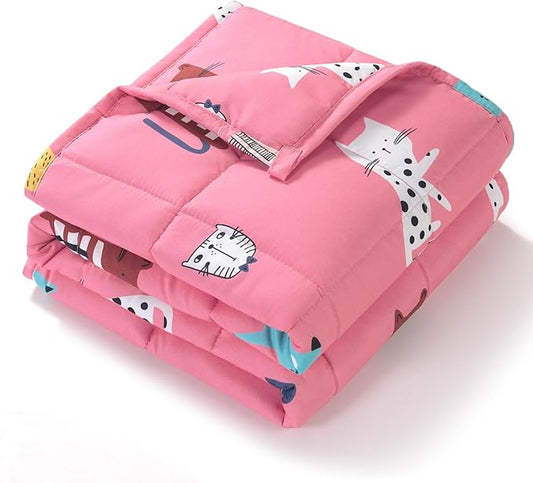 Kivik Cooling Weighted Blanket 7 Pounds, Breathable Weighted Blankets, Ultra Soft Heavy Throw for Relaxing & Sleeping, Machine Washable, 41 x 60 Inches, Cute Cat Printing, Pink