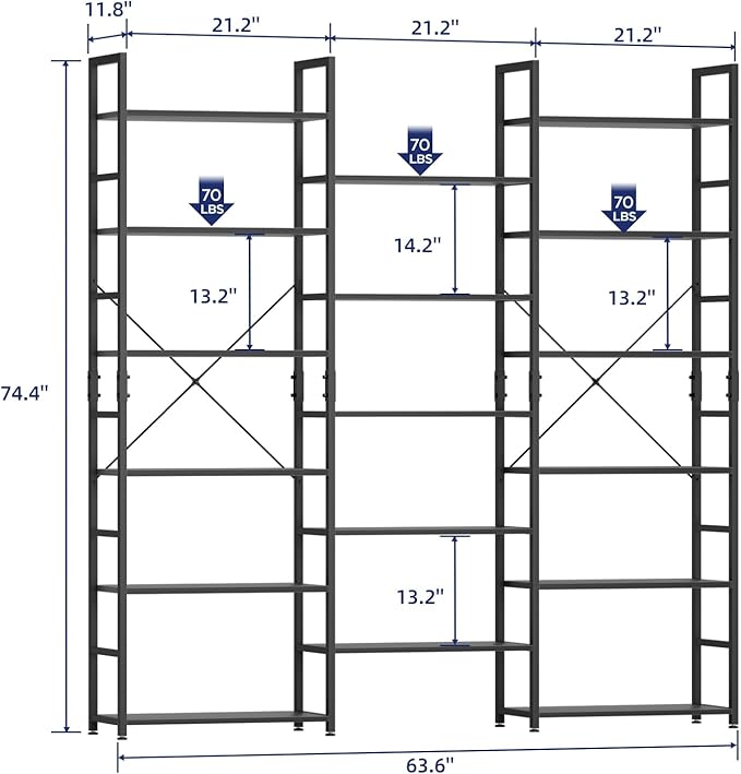 NUMENN Triple Wide 6 Tier Bookshelf, Rustic Industrial Style Bookcases and Bookshelves with 17 Open Display Shelves, Modern Tall Bookcase Furniture for Bedroom, Living Room and Home Office, Black