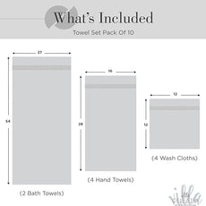 100% Combed Cotton Bathroom Towel Set of 10- 2 Bath Towels, 4 Hand Towels, 4 Wash Cloths, Sustainable, Soft, Highly Absorbent 10 Piece Cotton Bath Towel Set Ideal for Hotels, Spa, Bathroom, Dorm, Grey