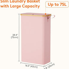 Lifewit 75L Slim Laundry Hamper with Lid, Narrow Laundry Basket with Removable Bag & Bamboo Handles, Fodable Thin Dirty Clothes Hamper for Laundry Collapsible Bin for Bathroom Bedroom Dorm, Pink