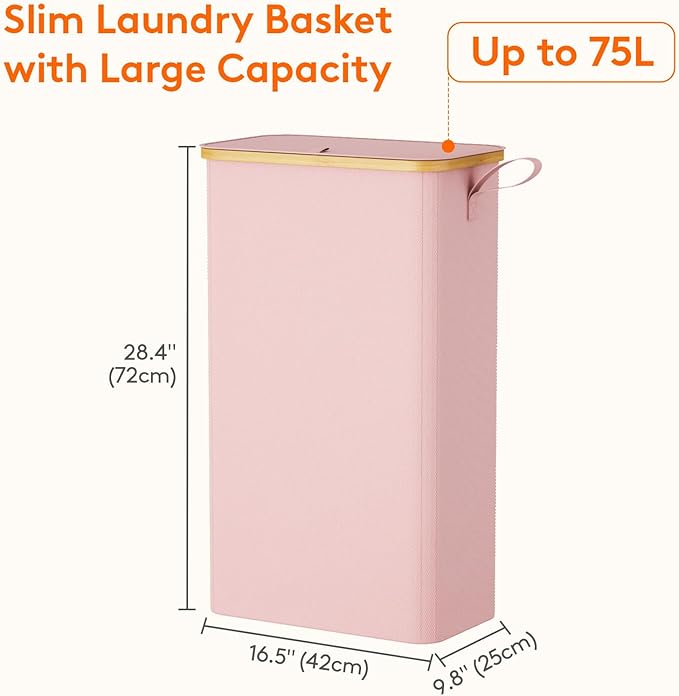 Lifewit 75L Slim Laundry Hamper with Lid, Narrow Laundry Basket with Removable Bag & Bamboo Handles, Fodable Thin Dirty Clothes Hamper for Laundry Collapsible Bin for Bathroom Bedroom Dorm, Pink