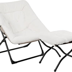 Comfy Saucer Chair for Adults, Soft Faux Fur Bedroom Chair with Ottoman, Accent Dorm Chairs, Living Room Reading Chairs and Footstool, Folding Lounge Seat for Teens, X-Large, White