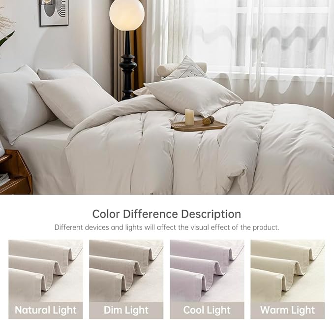 JELLYMONI Beige Duvet Cover King Size - 100% Washed Cotton Linen Like Textured Comforter Cover, 3 Pieces Breathable Soft Bedding Set with Zipper Closure (Beige, King 104"x90")