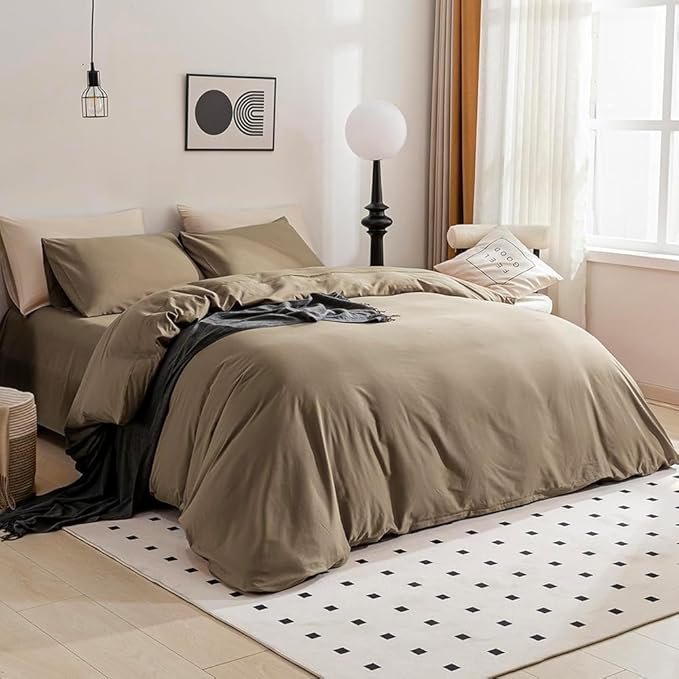 JELLYMONI Khaki Duvet Cover Twin Size - 100% Washed Cotton Linen Feel Textured Comforter Cover, 2 Pieces Breathable Soft Bedding Set with Zipper Closure (Khaki, Twin 68"x90")