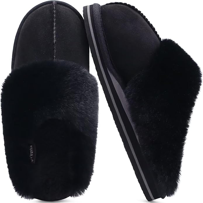 KuaiLu Womens Fluff Dual Memory Foam Slippers Ladies Cozy Arch Support Warm Scuff Slippers Slip on Comfy Winter House Shoes with Non-Slip Indoor Outdoor Hard Sole