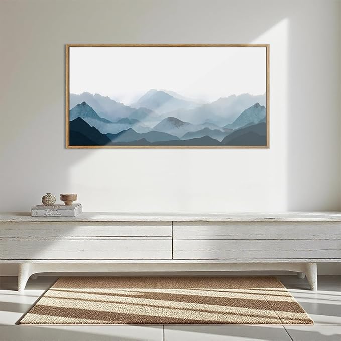 Blue Framed Mountain Landscape Wall Art Fog Mountain Painting Wall Decor for Bedroom Living Room Office Decor 20x40 Inch