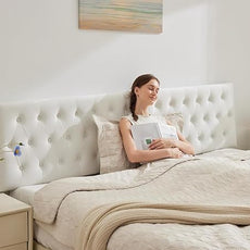 Kingfun Tufted Upholstered Cal King Headboard only in Modern Button Design, Adjustable Solid Wood Head Board, Premium Velvet Fabric Padded Headboards in Bedroom (White)