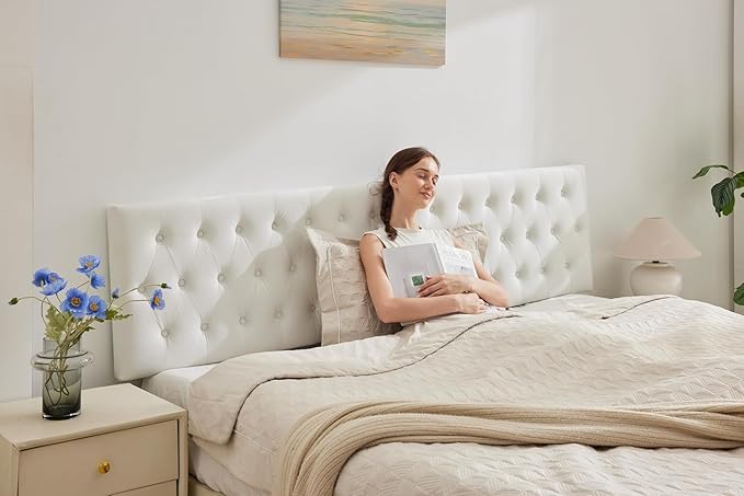 Kingfun Tufted Upholstered Cal King Headboard only in Modern Button Design, Adjustable Solid Wood Head Board, Premium Velvet Fabric Padded Headboards in Bedroom (White)