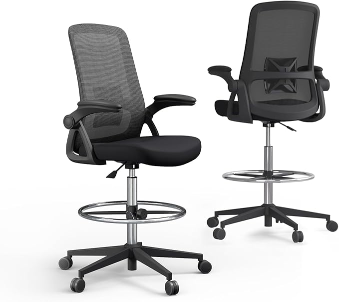 Drafting Chair,Tall Office Chair with Lumbar Support,Ergonomic Tall Desk Chair with Flip Up Armrests,Standing Desk Chair withAdjustable Footrest Ring,High Office Chair