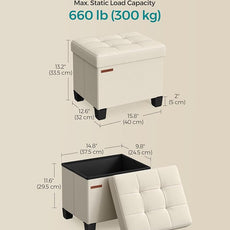 SONGMICS Storage Ottoman, Small Ottoman Foot Rest with Legs, 12.6 x 15.8 x 13.2 Inches Foot Stool, Load up to 660 lb, for Living Room, Bedroom, Dorm, Cream White ULSF012W01
