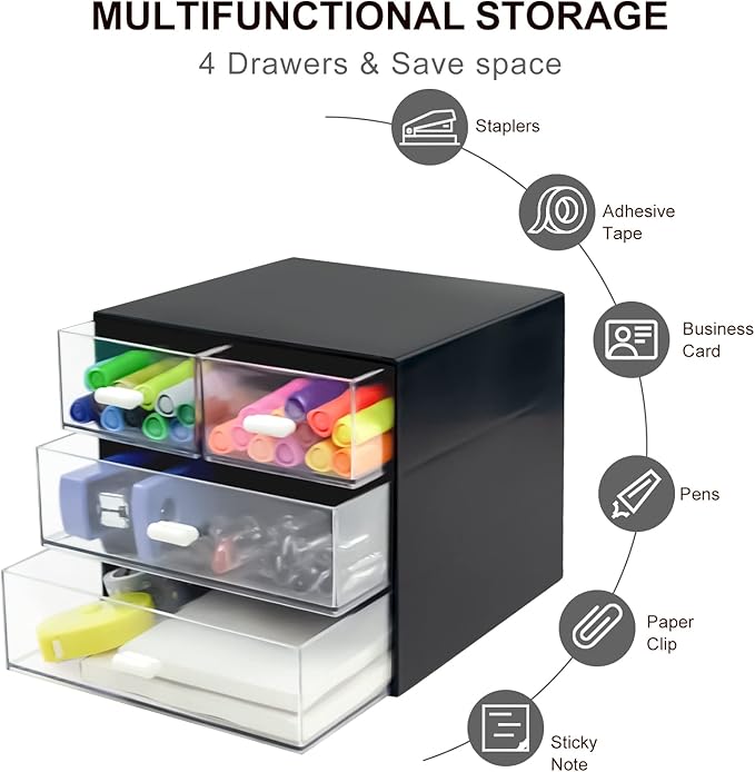 Desk Organizer with Drawer, Desk Storage Box, Plastic Office Stationery Supplies Organizers, Desktop Organizer for Office School Home (4 drawer, Black)