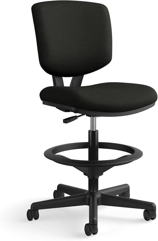 HON Volt Standing Desk Chair, Leather Office Chair with Foot Rest, Armless Drafting Stool, Ergonomic Recline and Center Tilt, for Computers, Offices, Work, Black