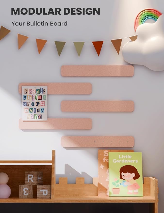 Cork Board Alternative Felt Strip Board 5-Pack 13"x2", Office Pin Board with 35 Push Pins, Adhesive Install for Bedroom Door & Home Office(Pink)