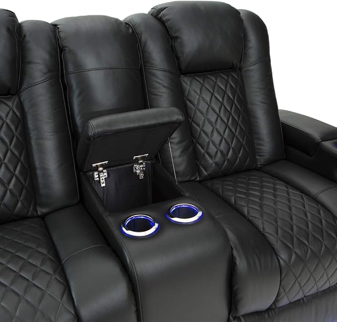 Seatcraft Anthem Home Theater Seating - Italian Leather - Power Recline Loveseat - Center Storage Console - Powered Headrests - Arm Storage - USB Charging - Cup Holders, Black