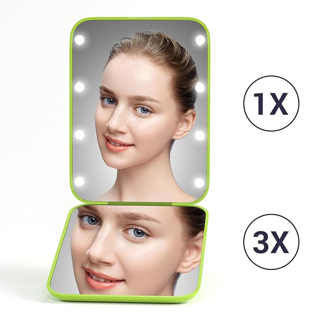 Kintion Pocket Mirror, 1X/3X Magnification LED Compact Travel Makeup Mirror with Light for Purse, 2-Sided, Portable, Folding, Handheld, Small Lighted Mirror for Gift, Light Green