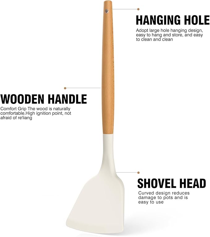 Silicone Cooking Utensils Set - AVGPD Silicone Kitchen Utensils for Cooking Wooden Handles, 446°F Heat Resistant Kitchen Utensil Spatula Sets, Gadgets for Non-Stick Cookware BPA FREE (Cream White)